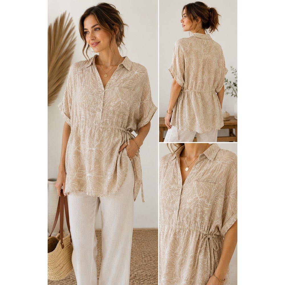 Elan Women's Gauze Tunic Top Small Beige Floral Boho Oversized NWT